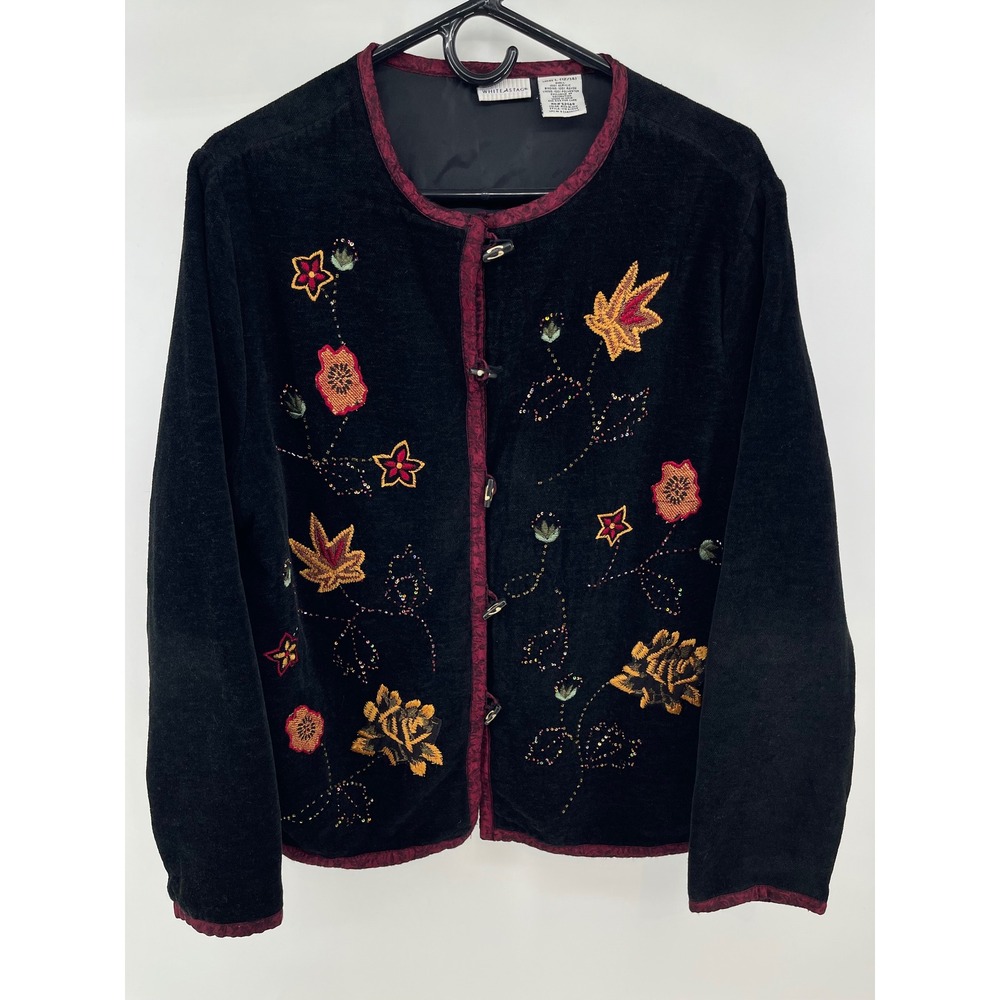 White Stag Jacket Womens L 12/14 Black Embroidered Sequin Toggle Fall Beaded